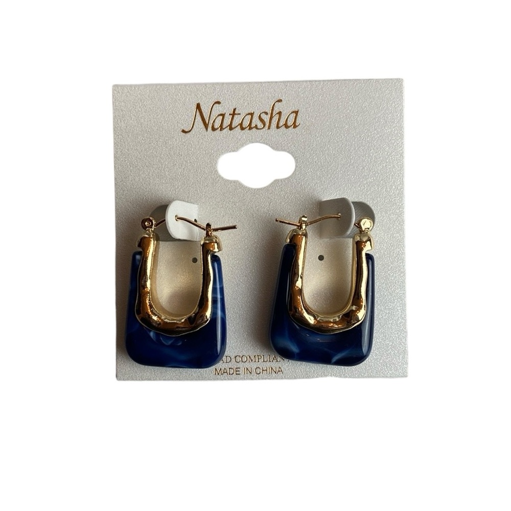 Natasha Mod Square Resin Navy Blue & Gold Design Hoop Earrings Everyday Wear